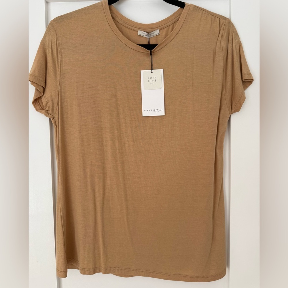 Zara Basic Camel Tee NWT | Soft Minimal Short Sleeve Top Capsule Wardrobe L